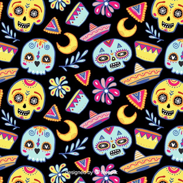 Colorful día de muertos pattern with skulls