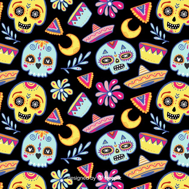 Colorful día de muertos pattern with skulls