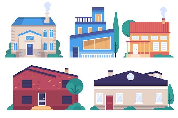 Бесплатное векторное изображение Набор красочных разных домов