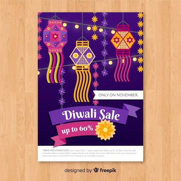 Vettore gratuito modello di volantino di vendita colorato di diwali con design piatto