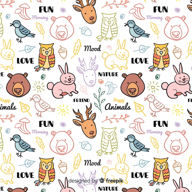 Colorful doodle animals and words pattern