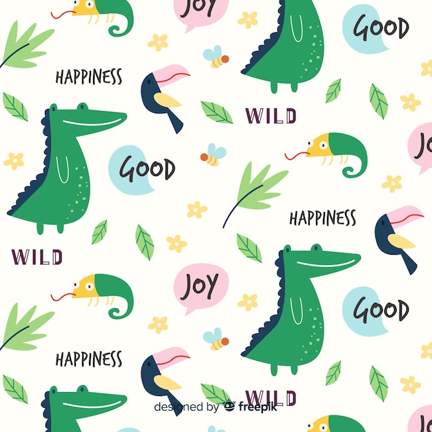 Colorful doodle animals and words pattern