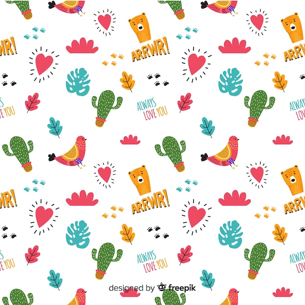 Colorful doodle animals and words pattern