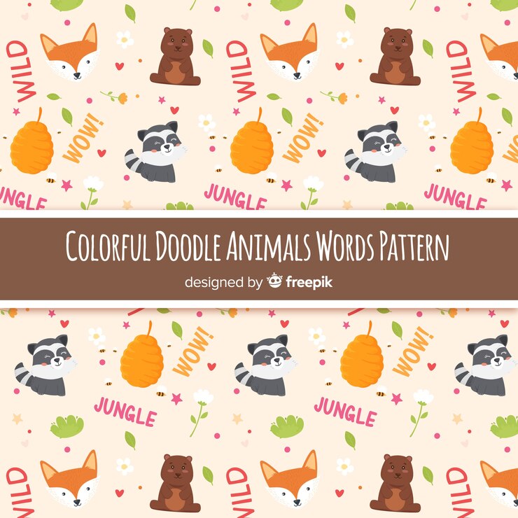 Free Vector colorful doodle animals and words pattern
