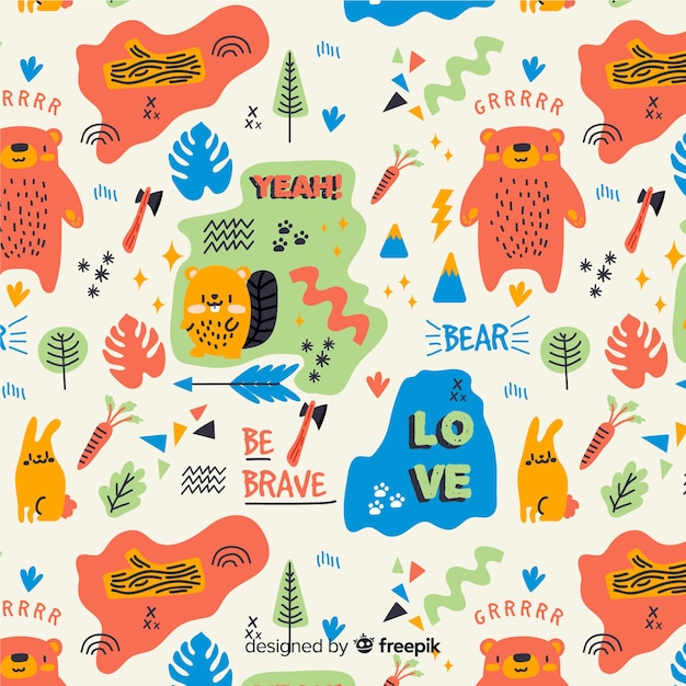 Colorful doodle animals and words pattern