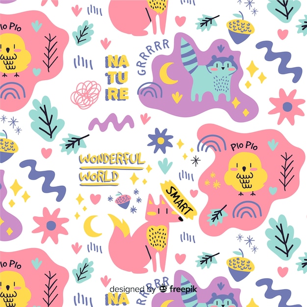 Free vector colorful doodle animals and words pattern