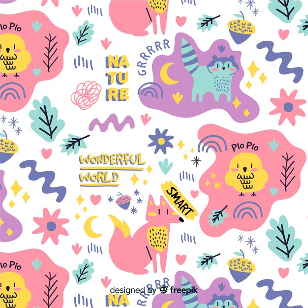 Colorful doodle animals and words pattern