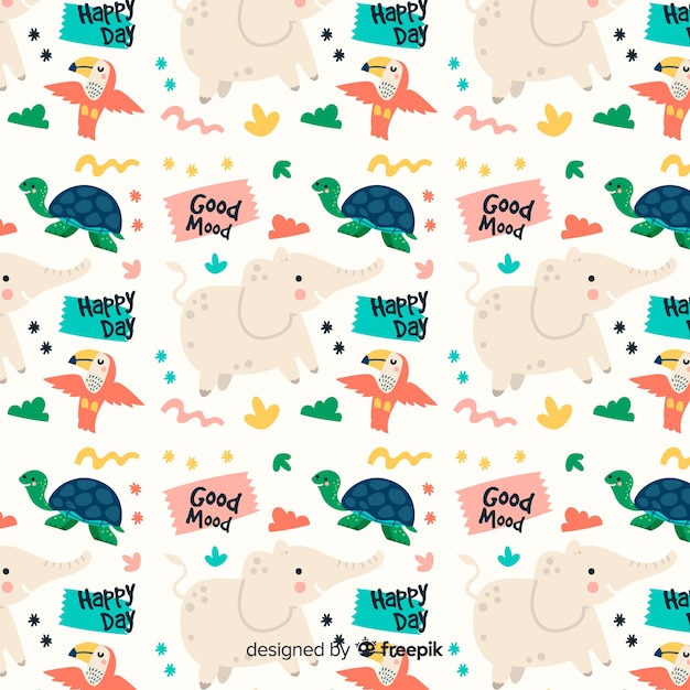 Colorful doodle animals and words pattern