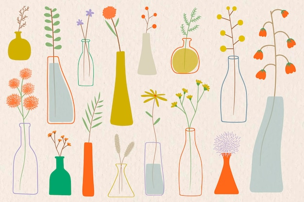 Free vector colorful doodle flowers in vases on beige background vector