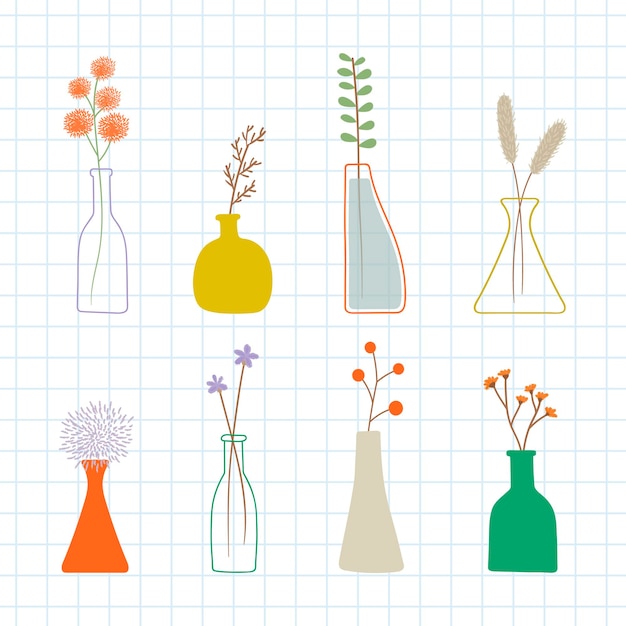 Colorful doodle flowers in vases pattern