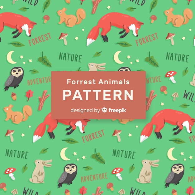 Colorful doodle forest animals and words pattern