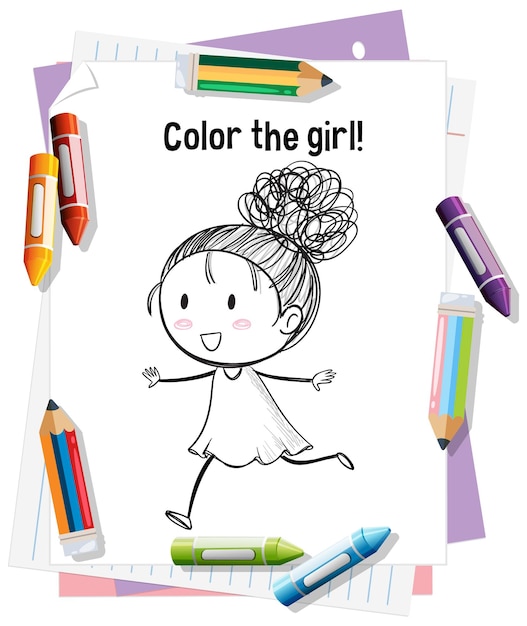 colorful doodle girl with crayons