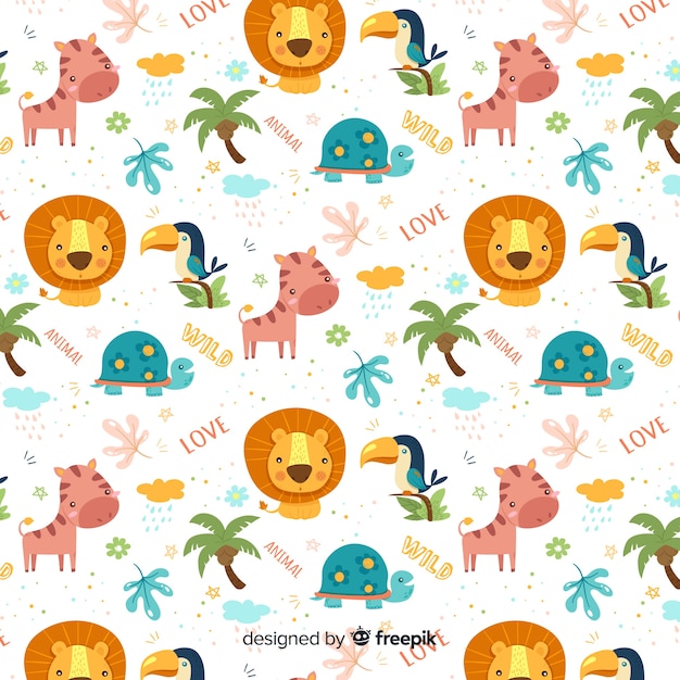 Colorful doodle jungle animals and words pattern