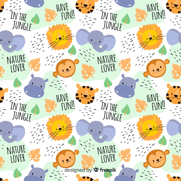 Colorful doodle jungle animals and words pattern