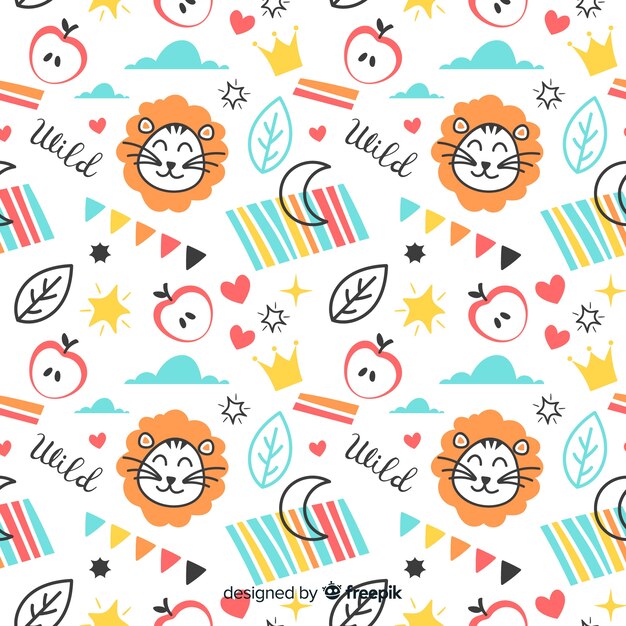 Colorful doodle lions and words pattern