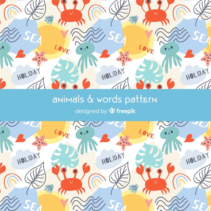 Free Vector colorful doodle sea animals and words pattern
