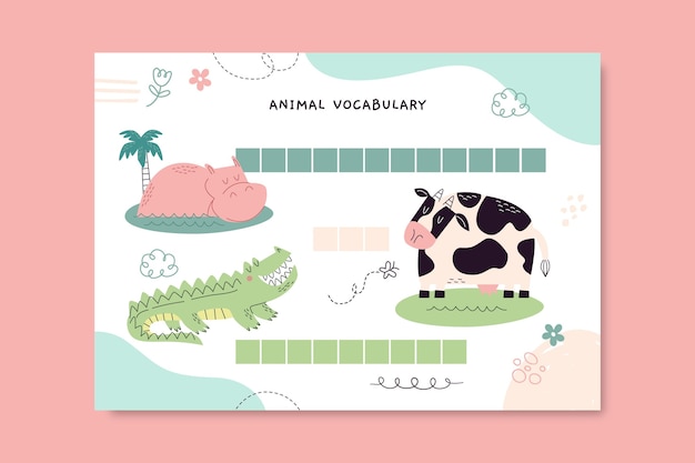 Foglio di lavoro animale di vocabolario variopinto di doodle