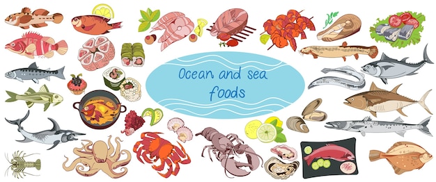 Free vector colorful drawing marine food collection