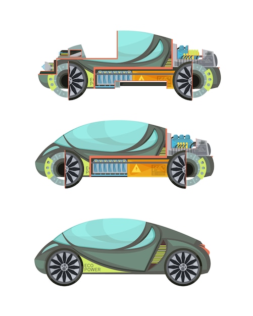 カラフルなエコフレンドリーな電気自動車セット白背景