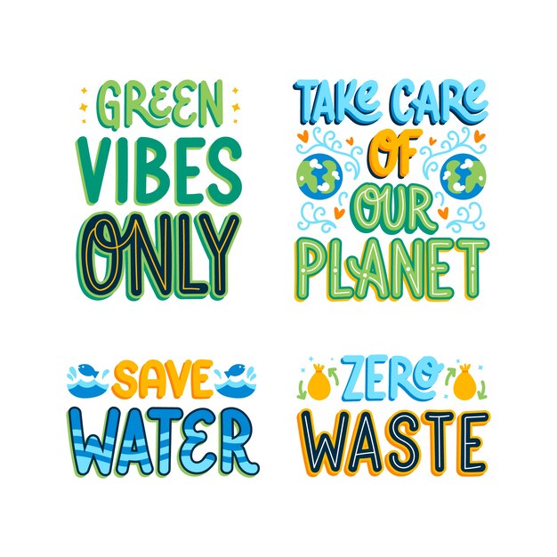 Colorful ecology lettering sticker set