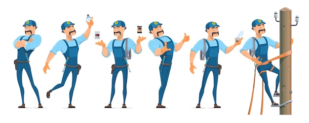 Colorful electrician characters set in different poses with professional equipment and master working on power pole isolated