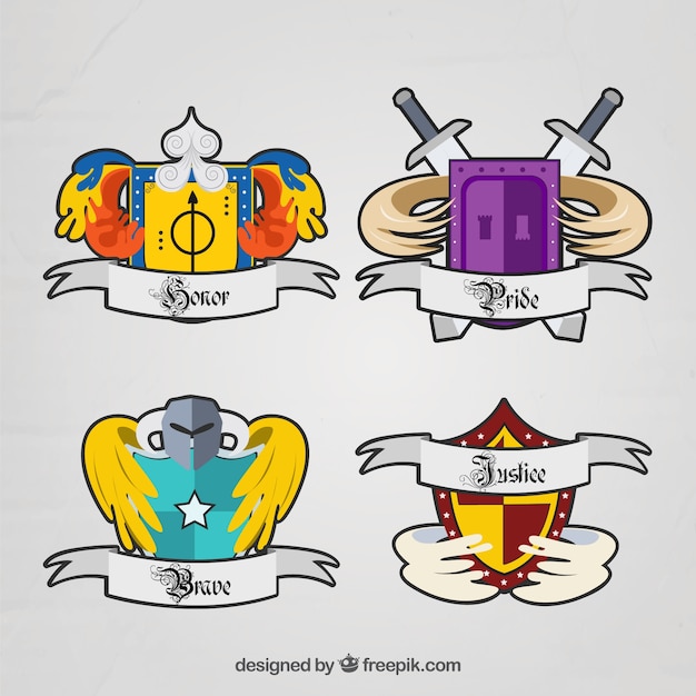 Free vector colorful emblems of knights