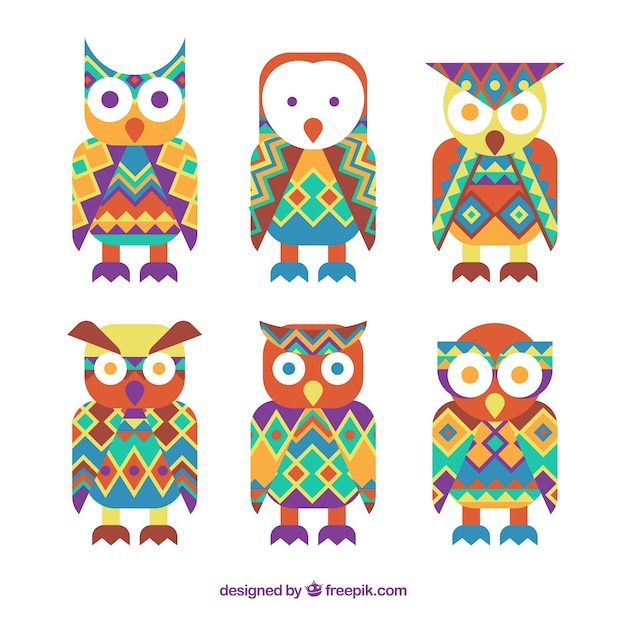 Free vector colorful ethnic owl collection