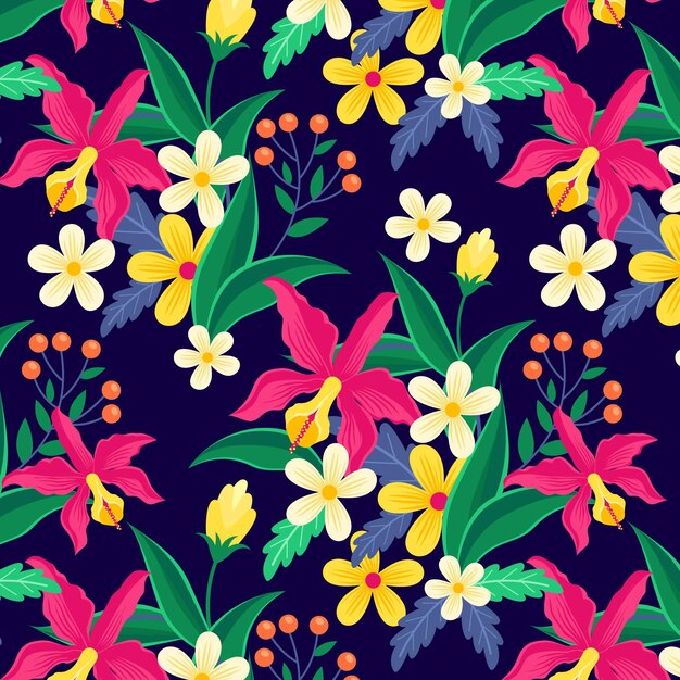 Colorful exotic flowers and leaves pattern