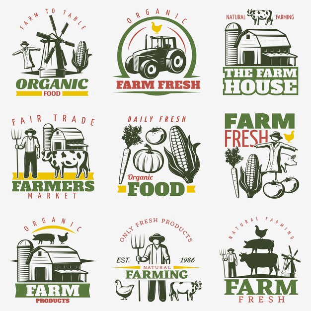 colorful farm emblems set