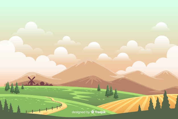 Free vector colorful farm landscape cartoon style