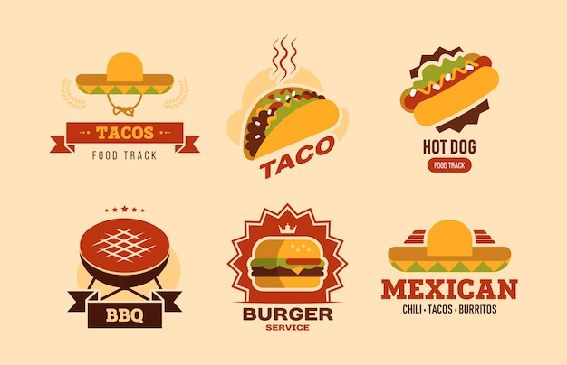 Colorful fast food flat logo set. fastfood cafe with taco, hot dog, burger, burritos and bbq vector illustration collection. food delivery and nutrition concept