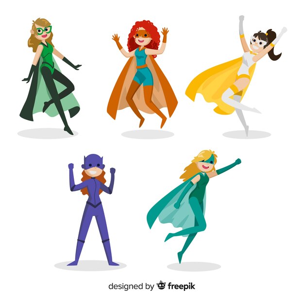 Красочная женская коллекция супергероев с плоским дизайном