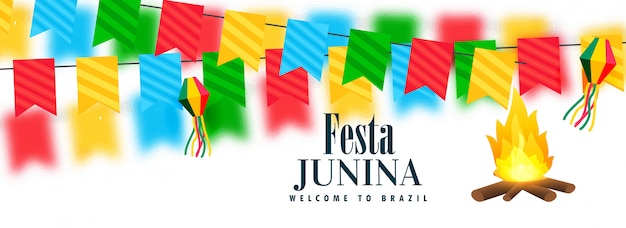 Colorful festa junina celebration banner with bonfire design