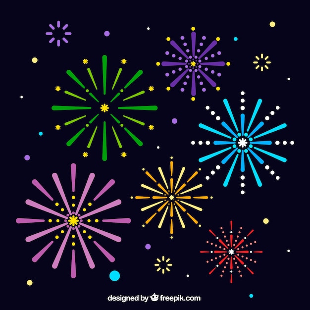 Colorful fireworks background in flat design