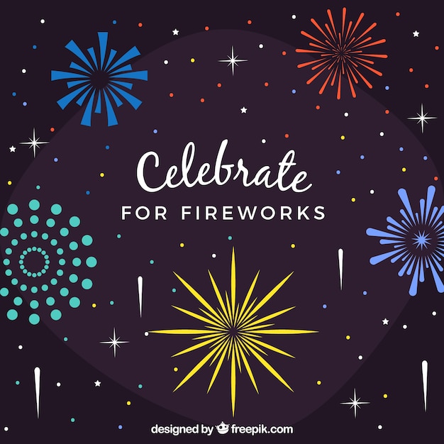 Colorful fireworks background in flat design