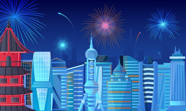 Colorful fireworks in night sky above city on chinese new year day flat illustration