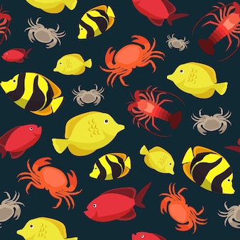 Colorful fish seamless pattern with ocean fish and crabs