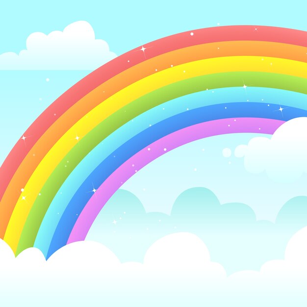 雲の中のカラフルなフラットデザインの虹