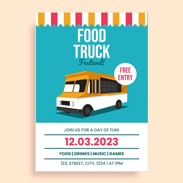 Colorful flat food truck festival flyer template
