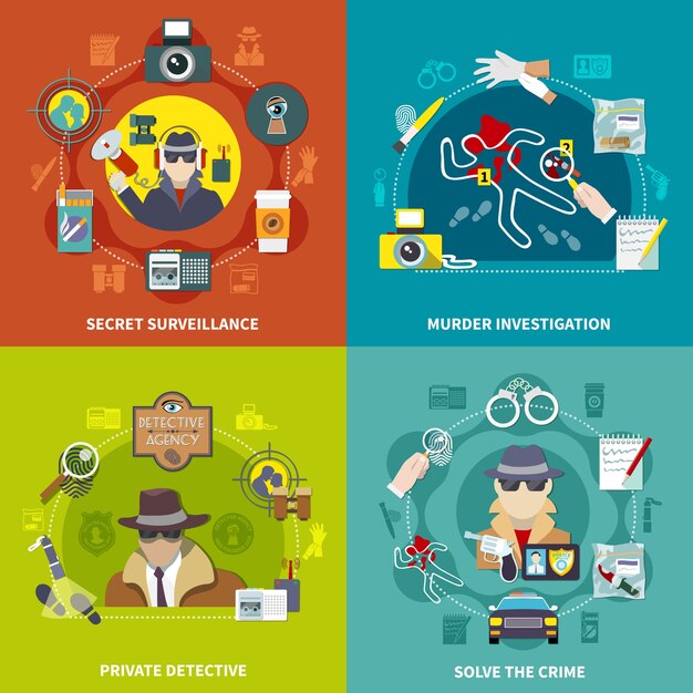 Красочный плоский набор детективной концепции 2x2 иллюстрации с раскрытием преступления, частным детективом, секретным наблюдением и расследованием убийства