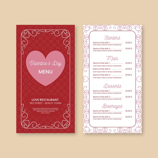 Colorful flat valentine's day menu template