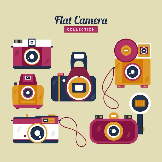 Colorful flat vintage camera collection