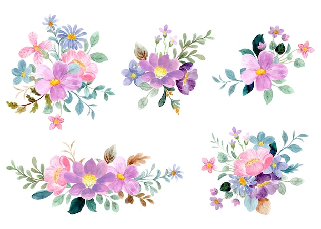 Colorful floral bouquet collection with watercolor