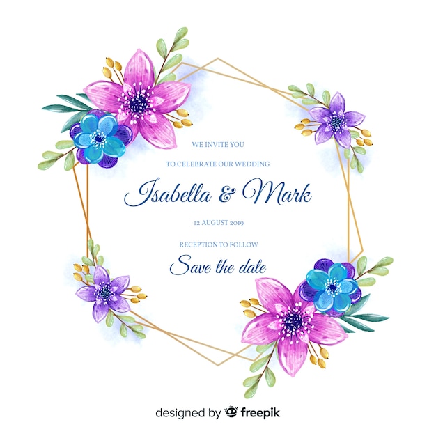 Colorful floral frame wedding invitation in watercolor style