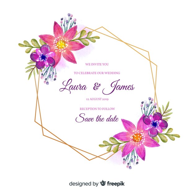 Colorful floral frame wedding invitation in watercolor style