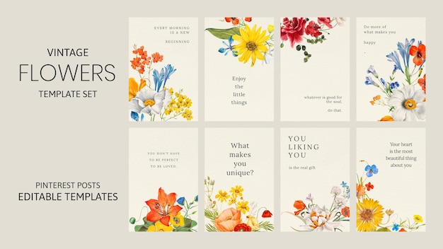 Free vector colorful floral quote template vector set, remixed from public domain artworks