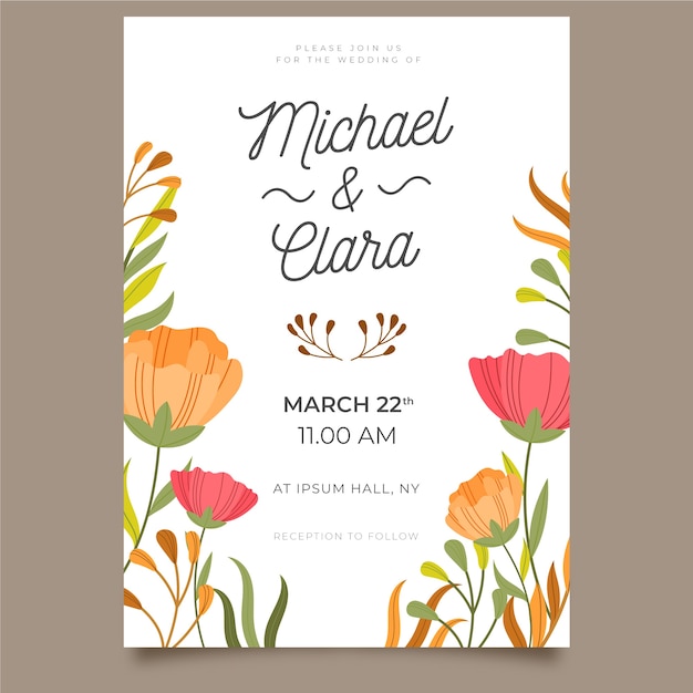 Free vector colorful floral wedding invitation template