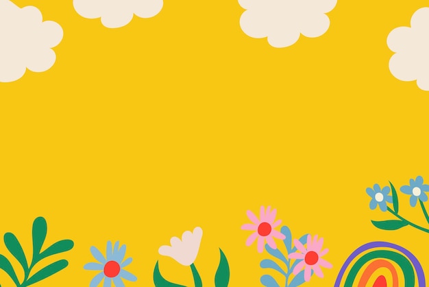 カラフルな花の背景、かわいい黄色の境界線、レトロなデザインのベクトルで自然落書き