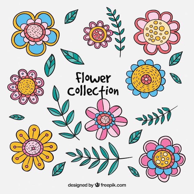 Stile disegnato colorato collezione di fiori in mano