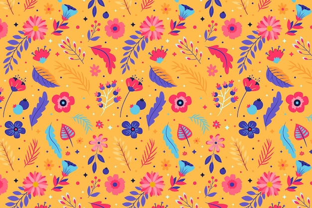 Free vector colorful flowers motif pattern with yellow background